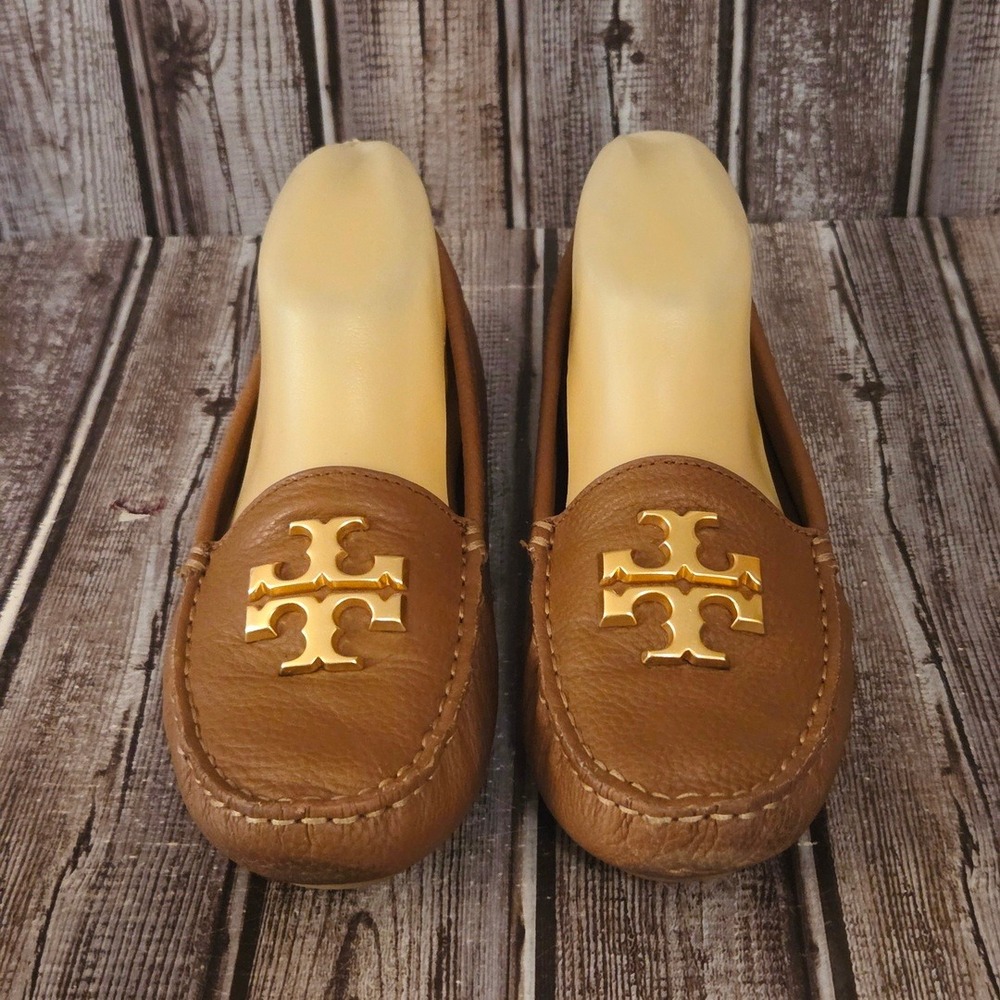 Sz 6.5 M Womens Tory Burch Everly Driver Brown Leather Logo Loafers VGUC!